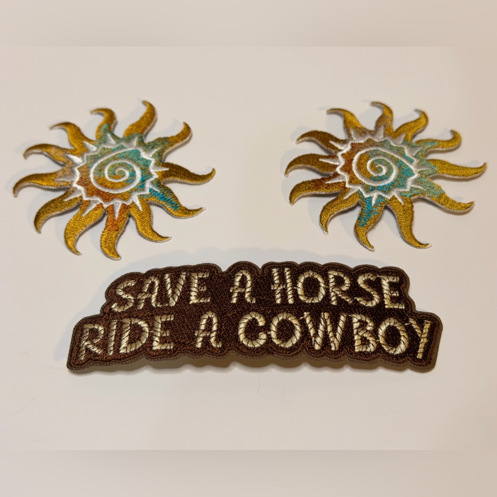 Western Embroidered Patch Set - Brown & Gold Sun’s, Save a Horse Ride a Cowboy